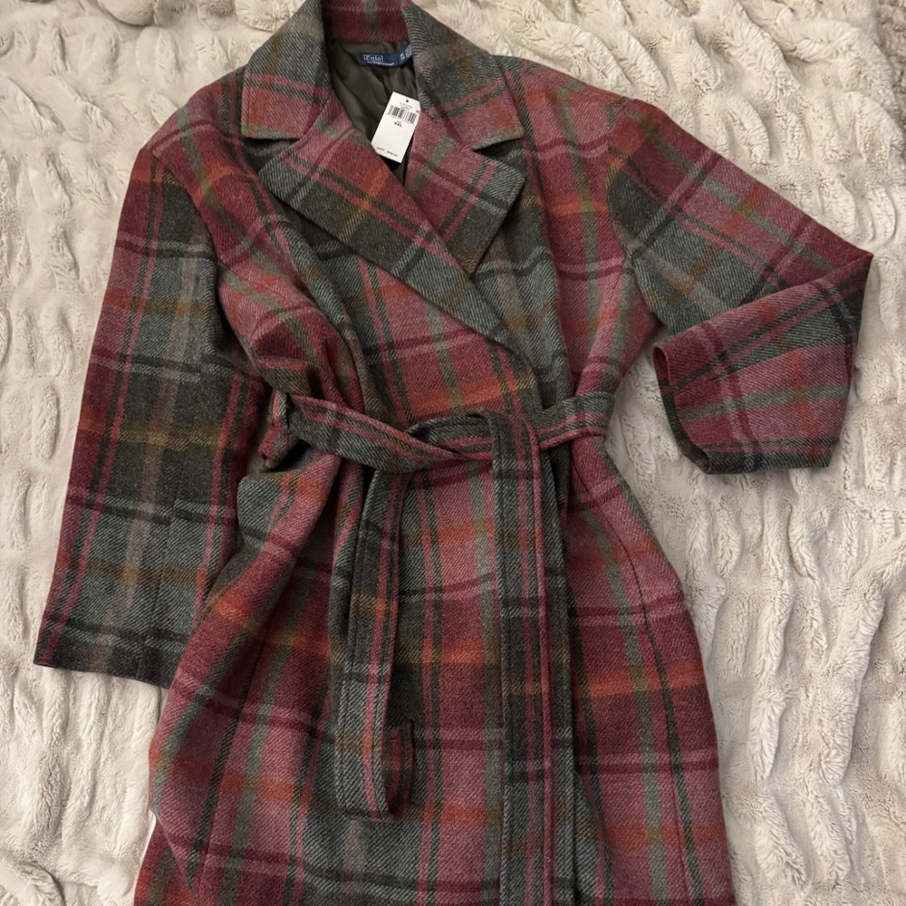 Stylish Polo Ralph Lauren long plaid wrap coat